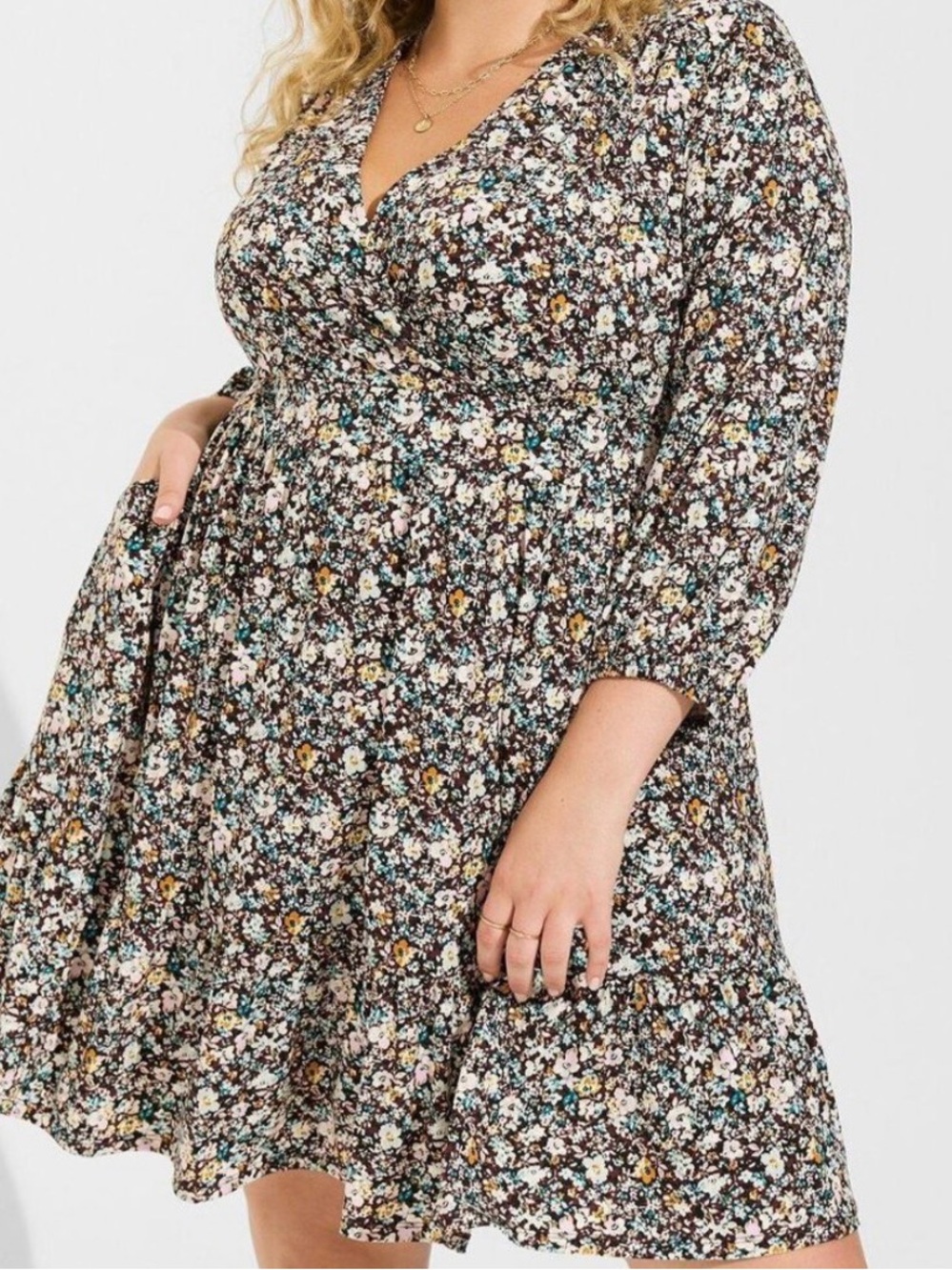 Torrid Brown Floral V-Neck Tiered Dress
